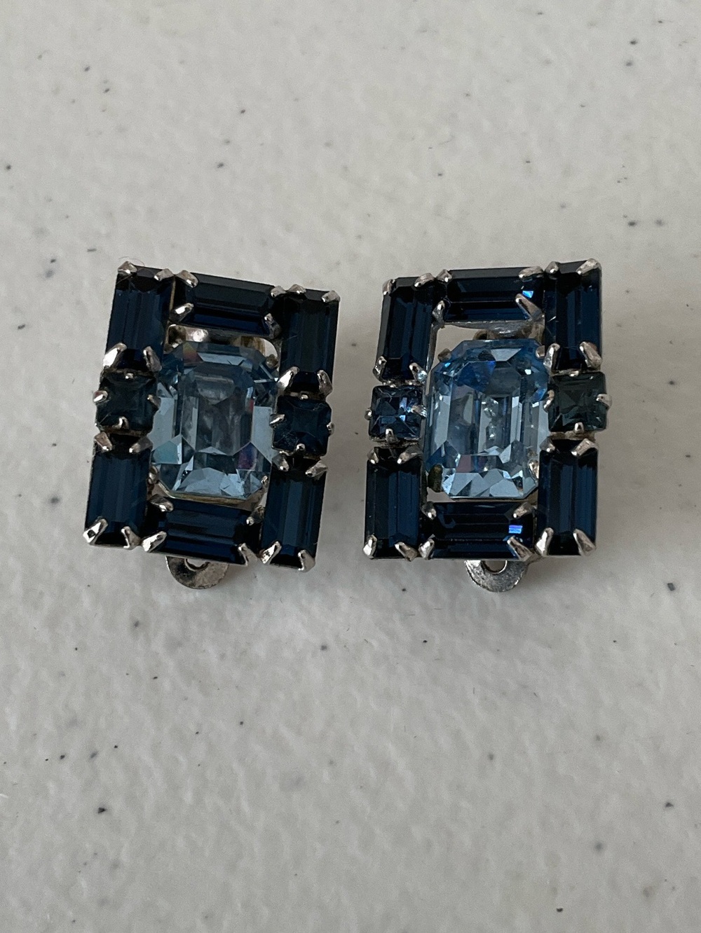 Vintage Silver Tone Blue Crystal Rectangular Clip-On Earrings